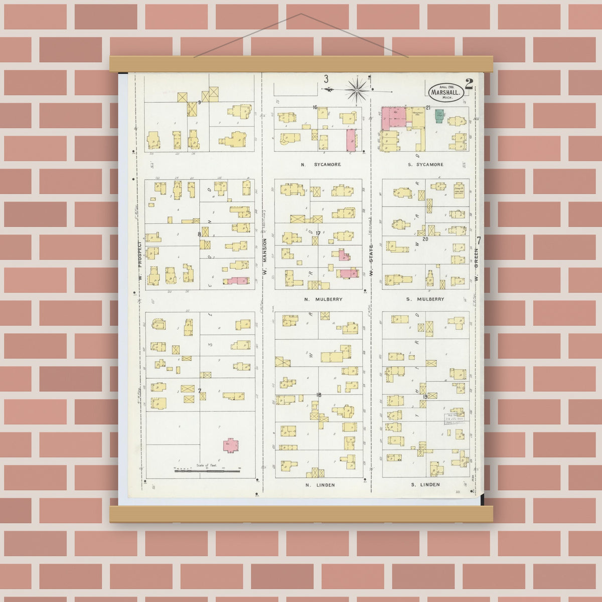 Old map wall art mockup — magnetic wood frame on brick wall — Sanborn Fire Insurance Map from Marshall, Calhoun County, Michigan (1906), Sheet #0002