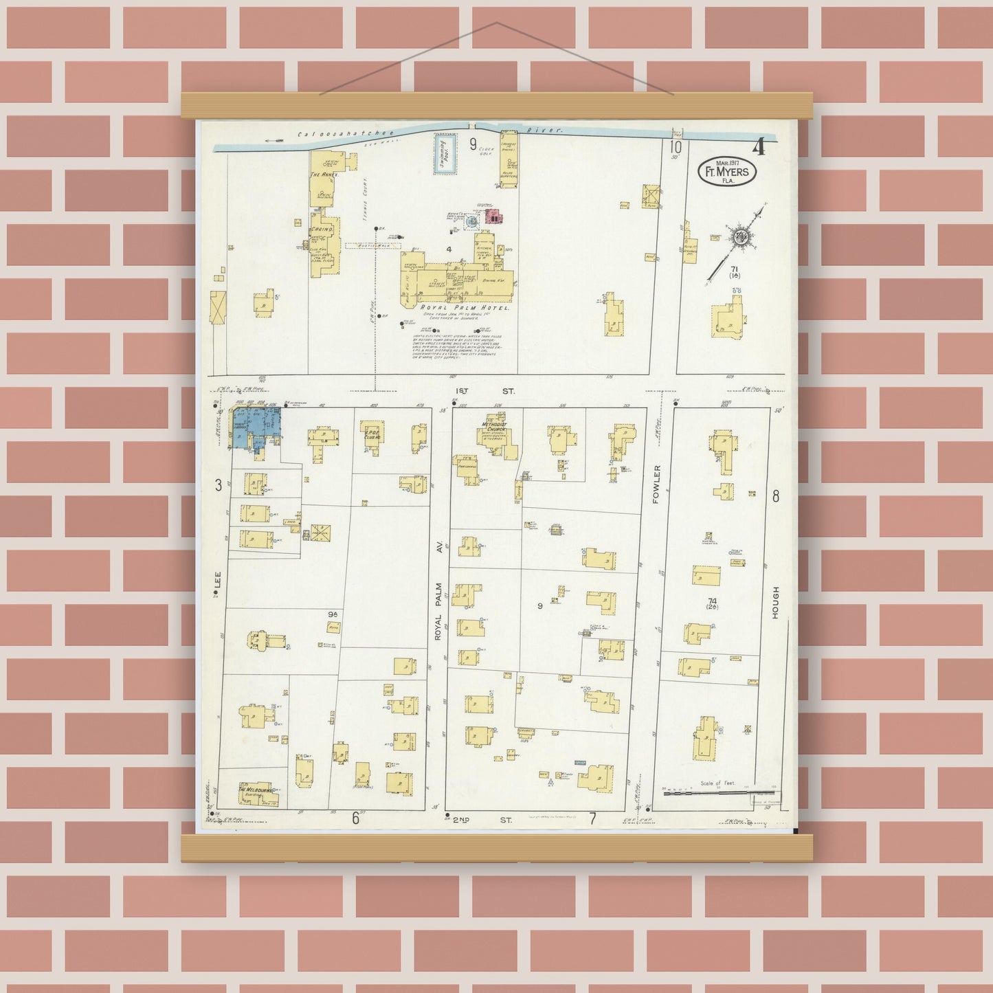 Old map wall art mockup — magnetic wood frame on brick wall — Sanborn Fire Insurance Map from Fort Myers, Lee County, Florida (1917), Sheet #0004