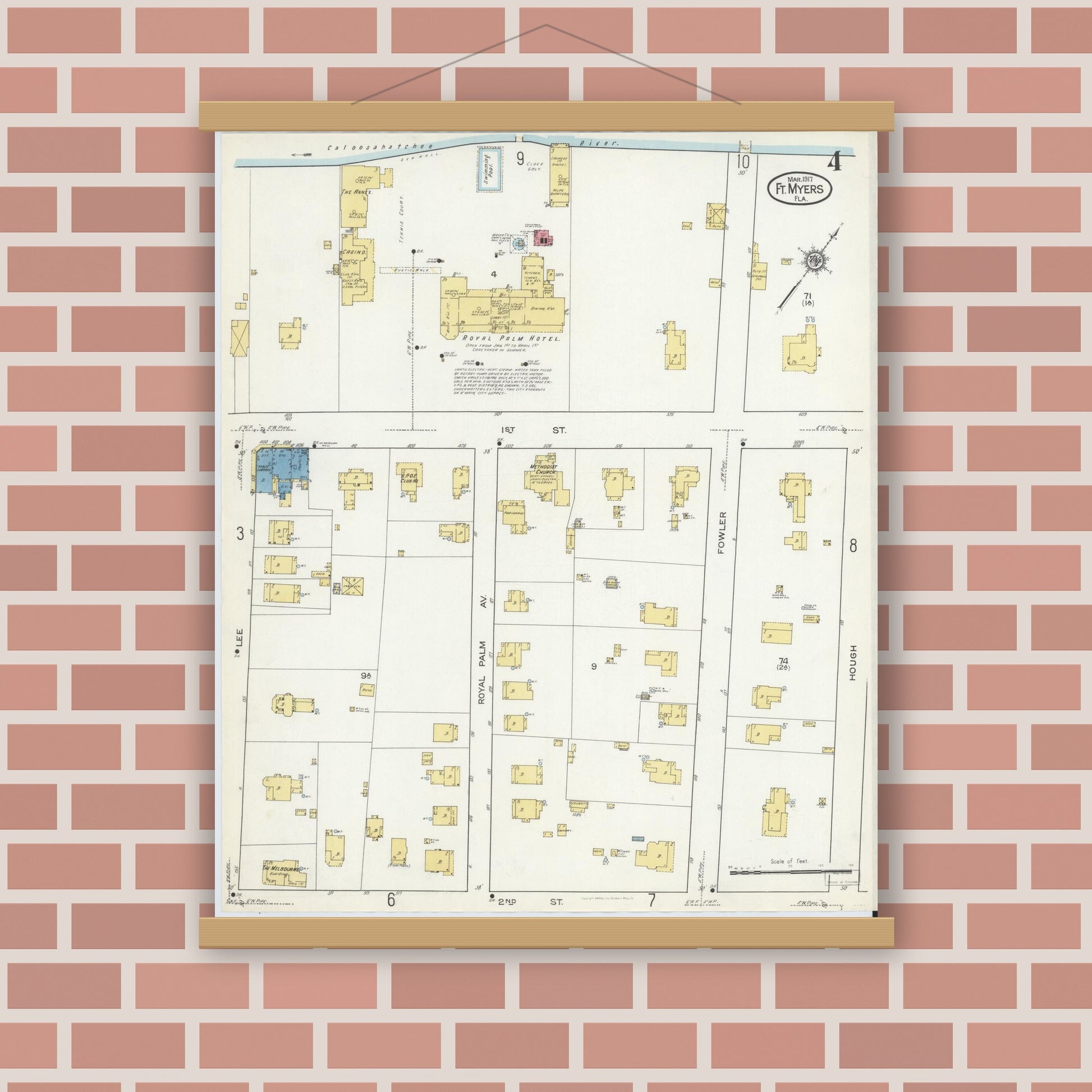 Old map wall art mockup — magnetic wood frame on brick wall — Sanborn Fire Insurance Map from Fort Myers, Lee County, Florida (1917), Sheet #0004