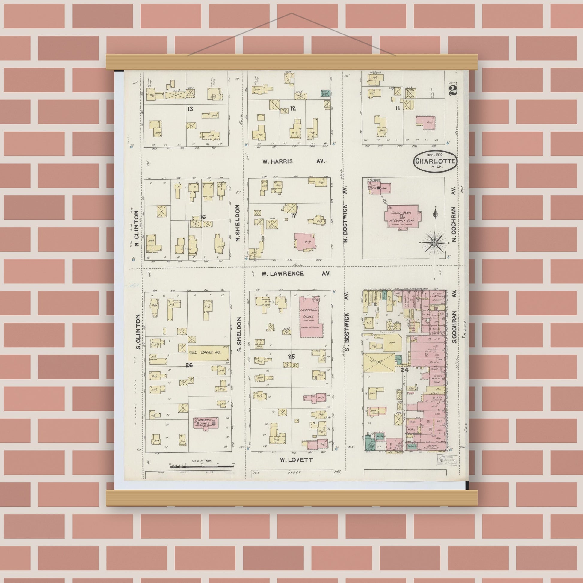 Old map wall art mockup — magnetic wood frame on brick wall — Sanborn Fire Insurance Map from Charlotte, Eaton County, Michigan (1890), Sheet #0002