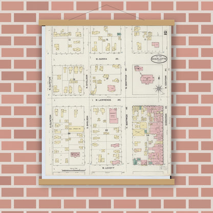 Old map wall art mockup — magnetic wood frame on brick wall — Sanborn Fire Insurance Map from Charlotte, Eaton County, Michigan (1890), Sheet #0002