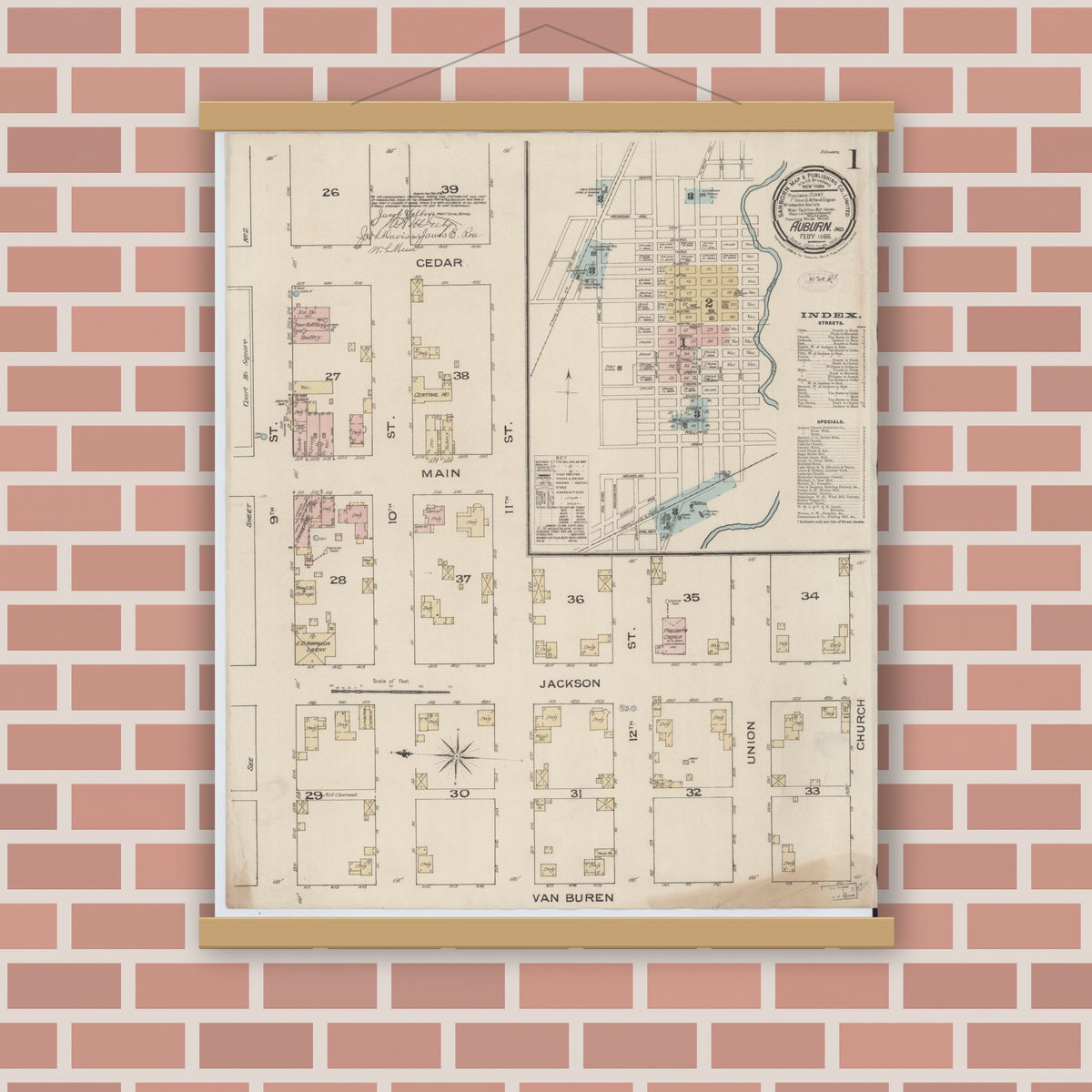 Old map wall art mockup — magnetic wood frame on brick wall — Sanborn Fire Insurance Map from Auburn, De Kalb County, Indiana (1886) - Complete Map Set