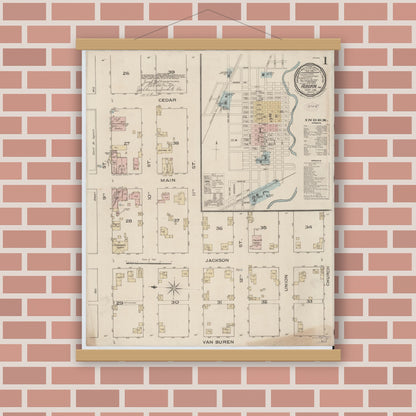 Old map wall art mockup — magnetic wood frame on brick wall — Sanborn Fire Insurance Map from Auburn, De Kalb County, Indiana (1886) - Complete Map Set