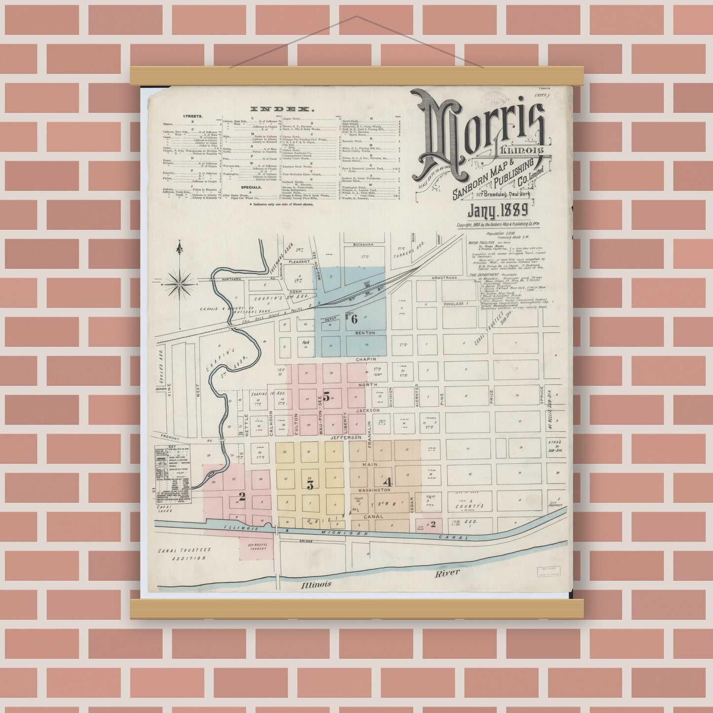 Old map wall art mockup — magnetic wood frame on brick wall — Sanborn Fire Insurance Map from Morris, Grundy County, Illinois (1889) - Complete Map Set