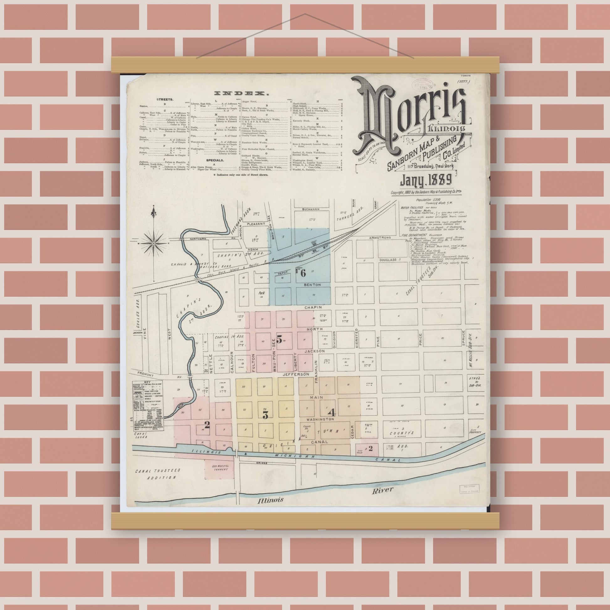 Old map wall art mockup — magnetic wood frame on brick wall — Sanborn Fire Insurance Map from Morris, Grundy County, Illinois (1889) - Complete Map Set