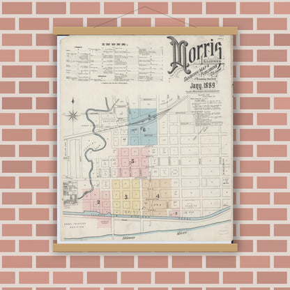 Old map wall art mockup — magnetic wood frame on brick wall — Sanborn Fire Insurance Map from Morris, Grundy County, Illinois (1889) - Complete Map Set