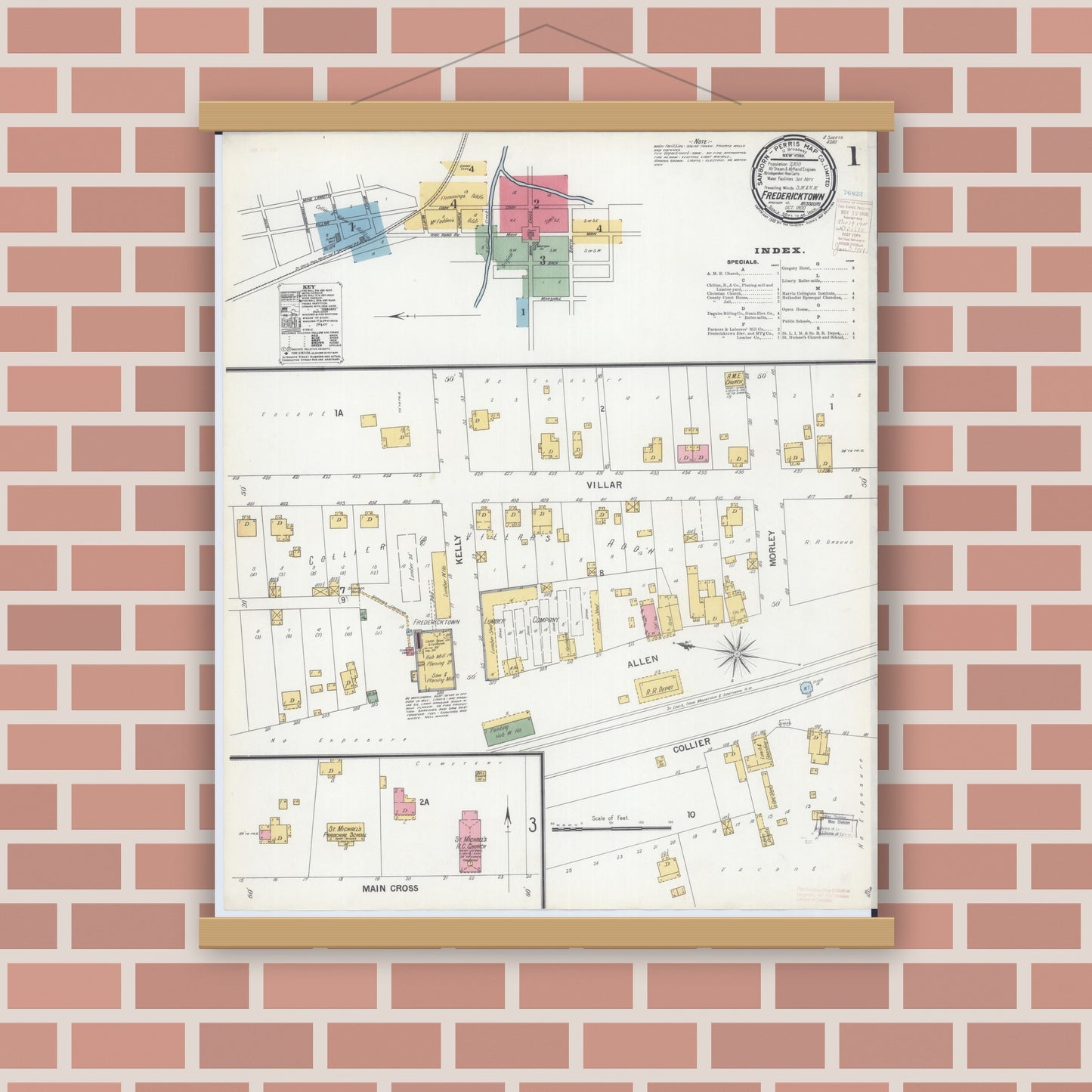 Old map wall art mockup — magnetic wood frame on brick wall — Sanborn Fire Insurance Map from Fredericktown, Madison County, Missouri (1900) - Complete Map Set