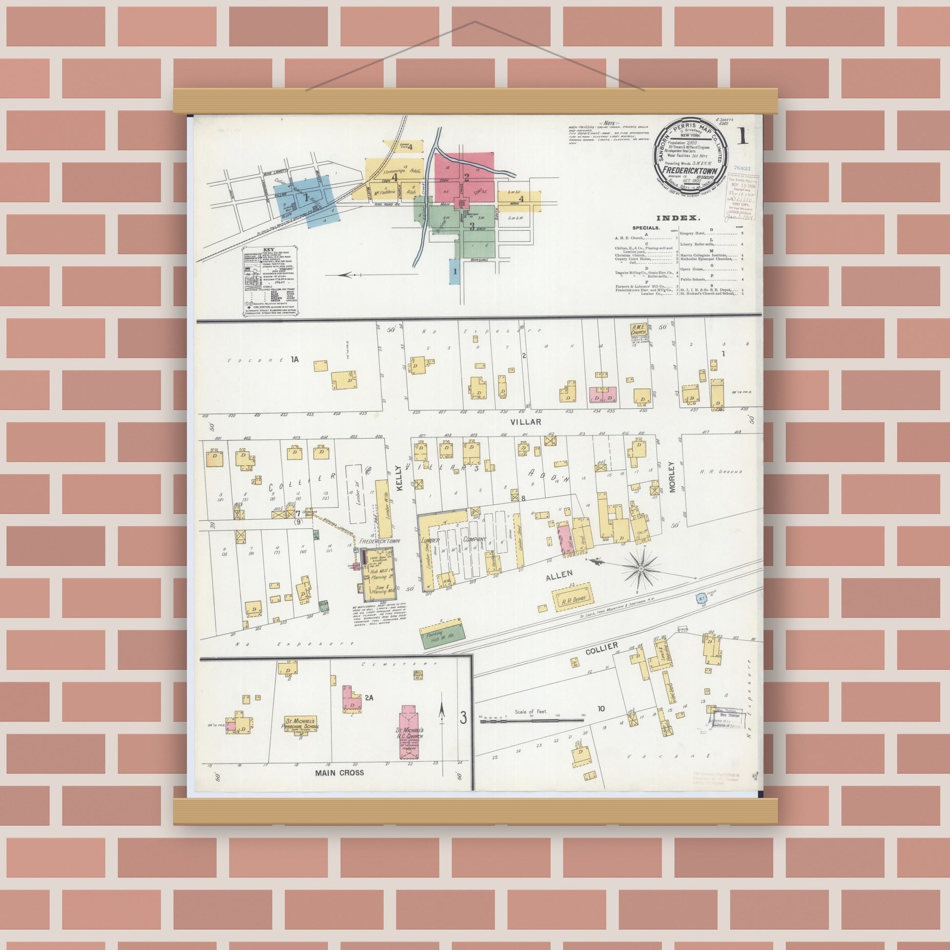 Old map wall art mockup — magnetic wood frame on brick wall — Sanborn Fire Insurance Map from Fredericktown, Madison County, Missouri (1900) - Complete Map Set