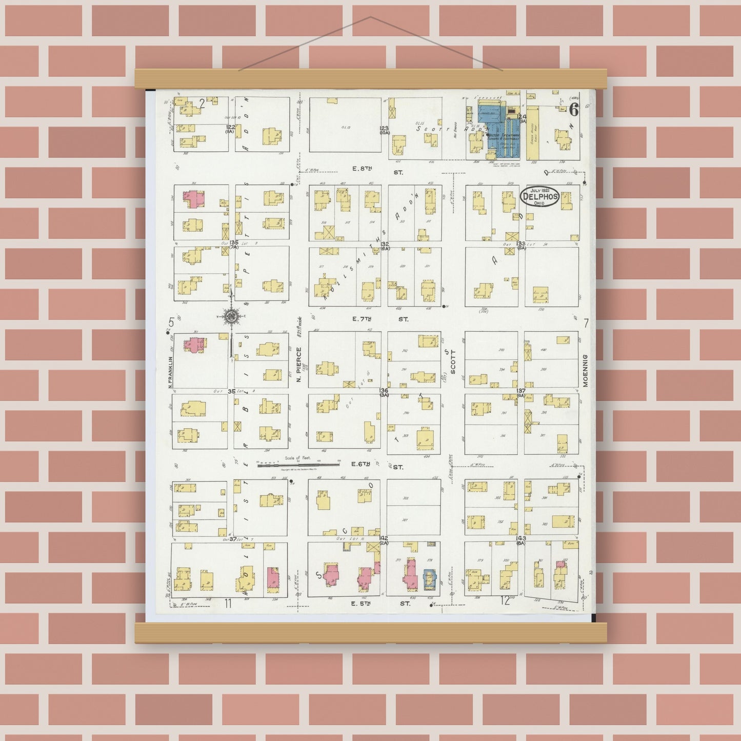 Old map wall art mockup — magnetic wood frame on brick wall — Sanborn Fire Insurance Map from Delphos, Van Wert And Allen Counties, Ohio (1921), Sheet #0006