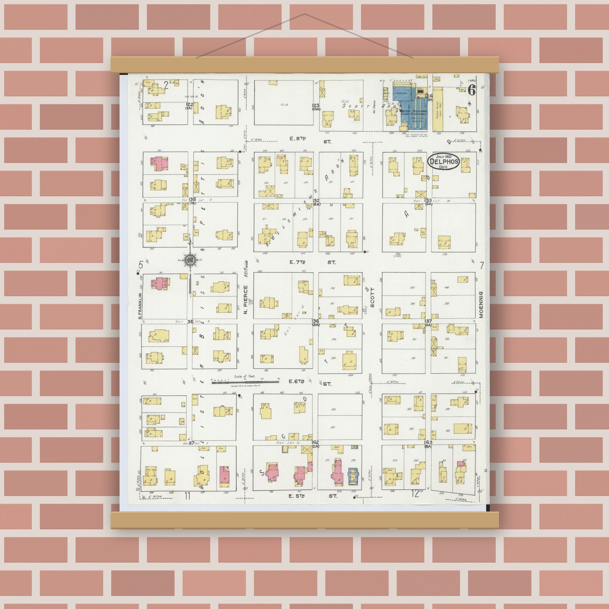Old map wall art mockup — magnetic wood frame on brick wall — Sanborn Fire Insurance Map from Delphos, Van Wert And Allen Counties, Ohio (1921), Sheet #0006