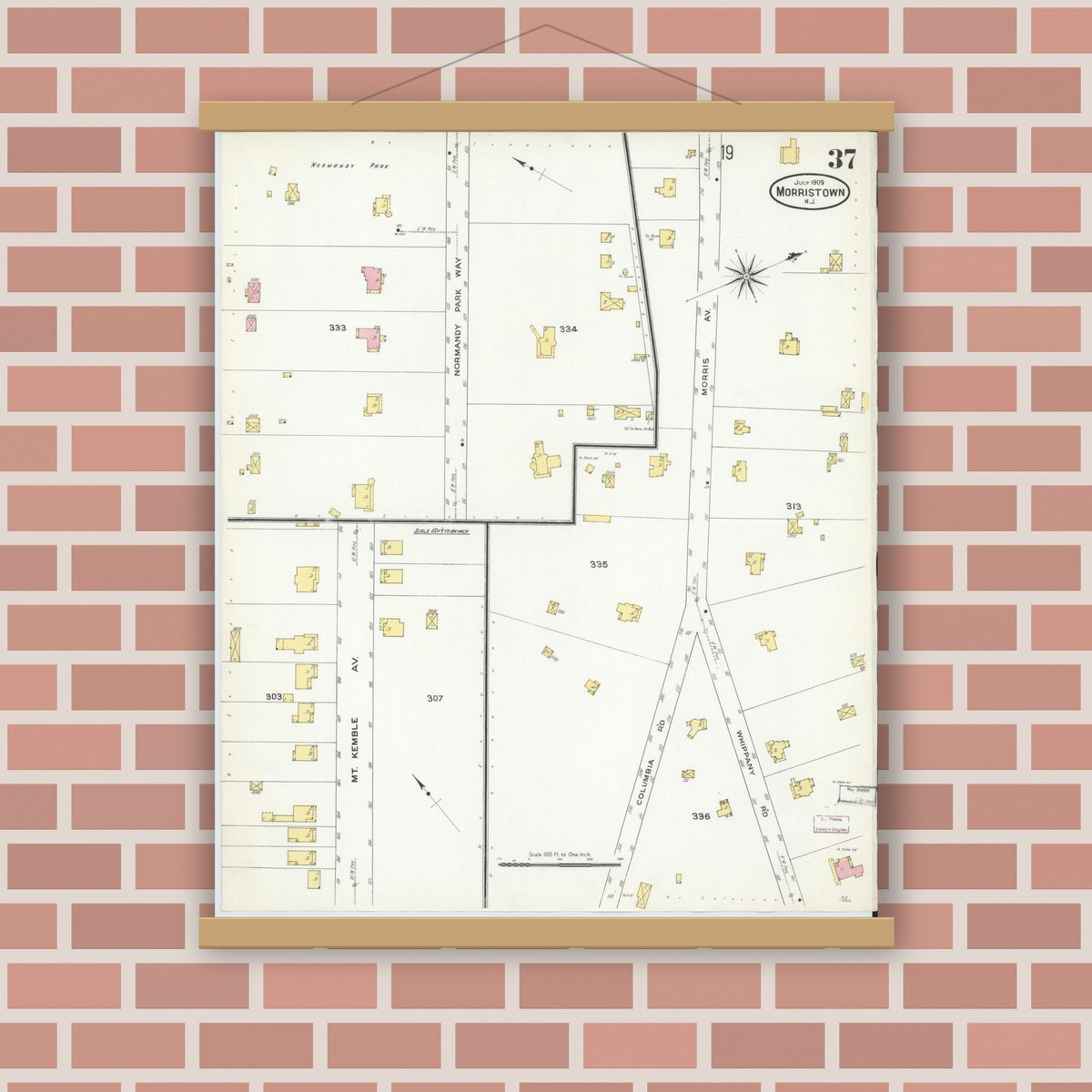 Old map wall art mockup — magnetic wood frame on brick wall — Sanborn Fire Insurance Map from Morristown, Morris County, New Jersey (1909), Sheet #0037