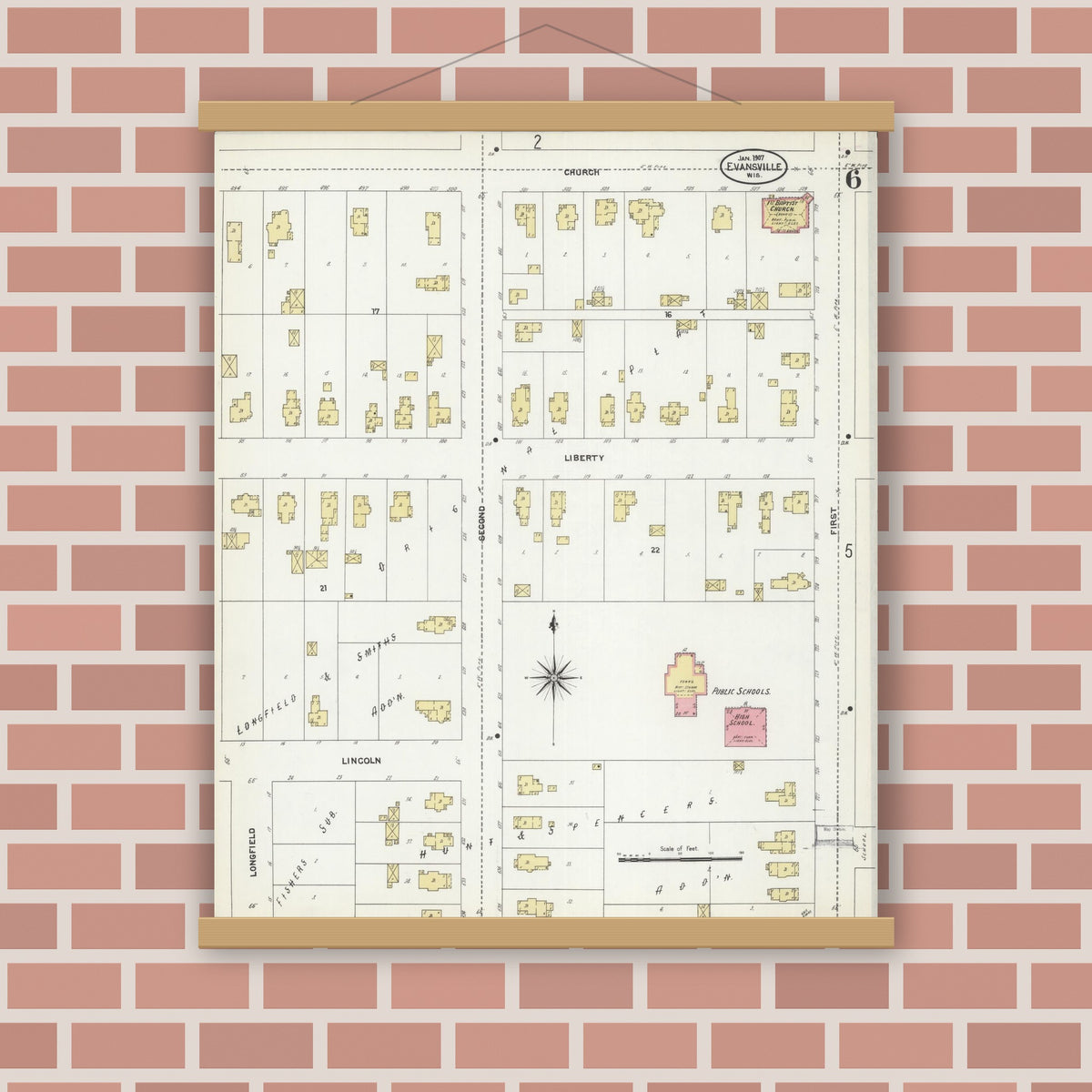 Old map wall art mockup — magnetic wood frame on brick wall — Sanborn Fire Insurance Map from Evansville, Rock County, Wisconsin (1907), Sheet #0006