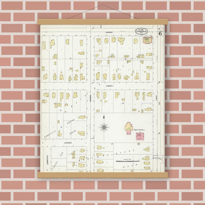 Old map wall art mockup — magnetic wood frame on brick wall — Sanborn Fire Insurance Map from Evansville, Rock County, Wisconsin (1907), Sheet #0006