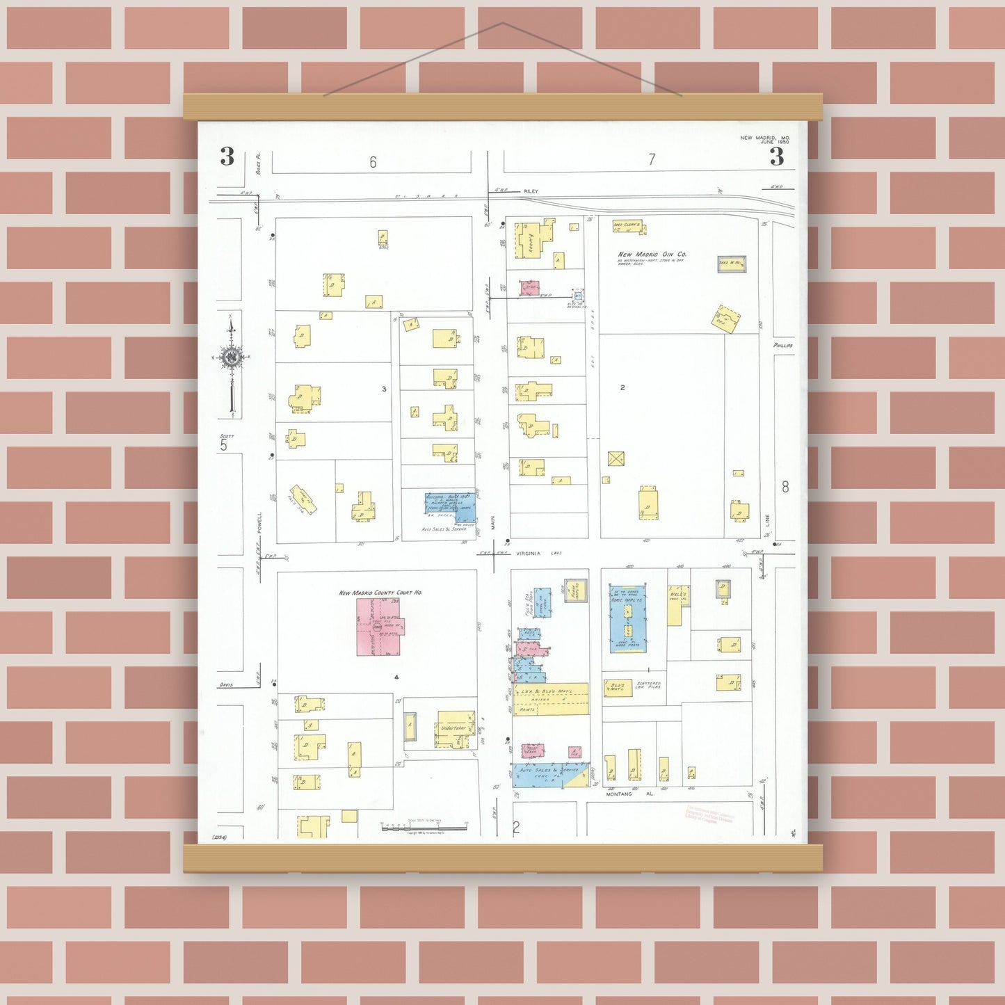 Old map wall art mockup — magnetic wood frame on brick wall — Sanborn Fire Insurance Map from New Madrid, New Madrid County, Missouri (1950), Sheet #0003