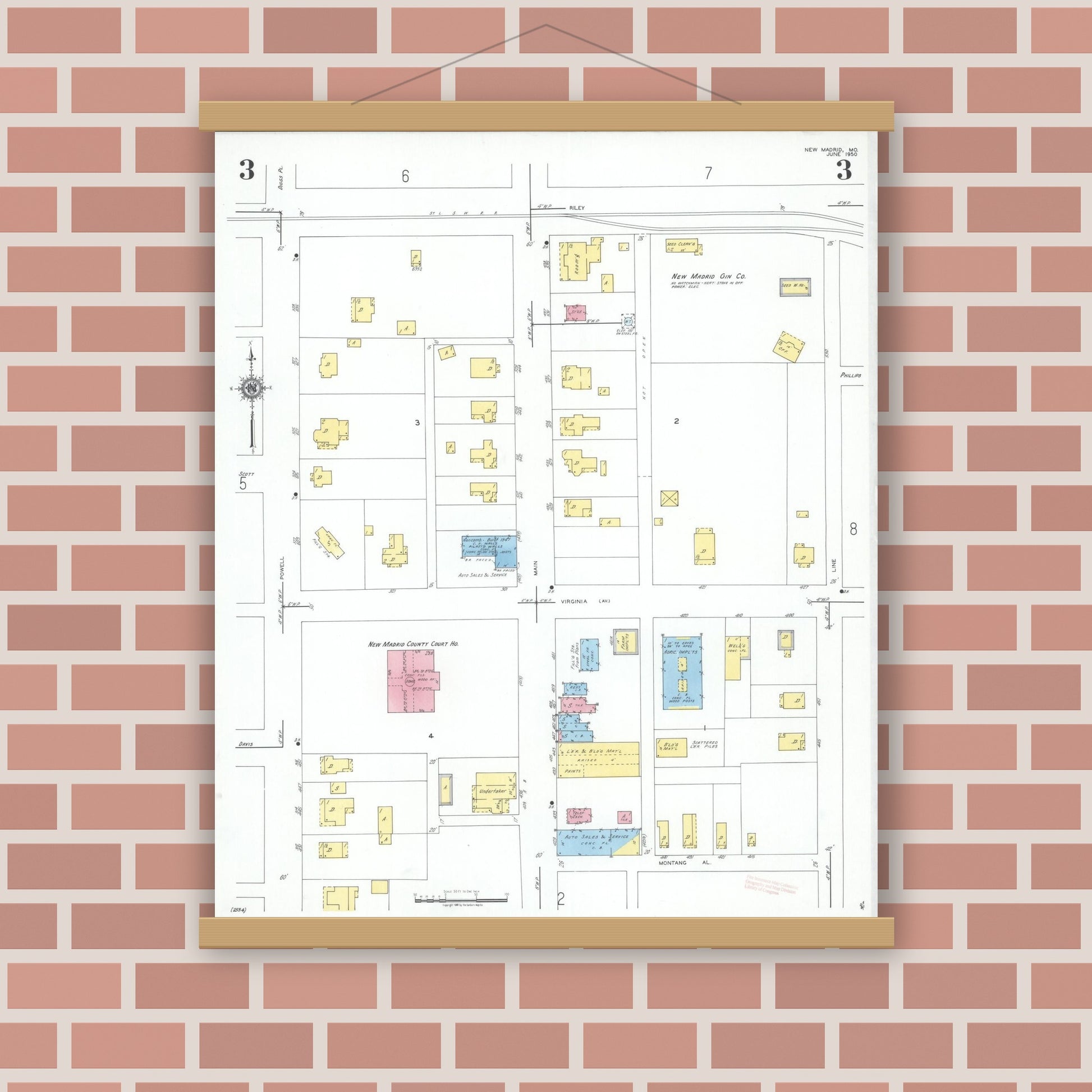 Old map wall art mockup — magnetic wood frame on brick wall — Sanborn Fire Insurance Map from New Madrid, New Madrid County, Missouri (1950), Sheet #0003