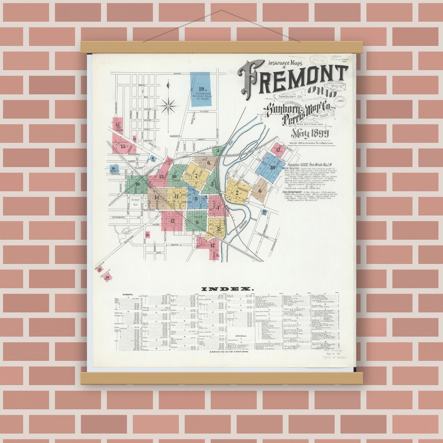 Old map wall art mockup — magnetic wood frame on brick wall — Sanborn Fire Insurance Map from Fremont, Sandusky County, Ohio (1899) - Complete Map Set