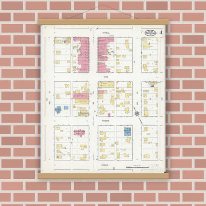 Old map wall art mockup — magnetic wood frame on brick wall — Sanborn Fire Insurance Map from Wadena, Wadena County, Minnesota (1916), Sheet #0004