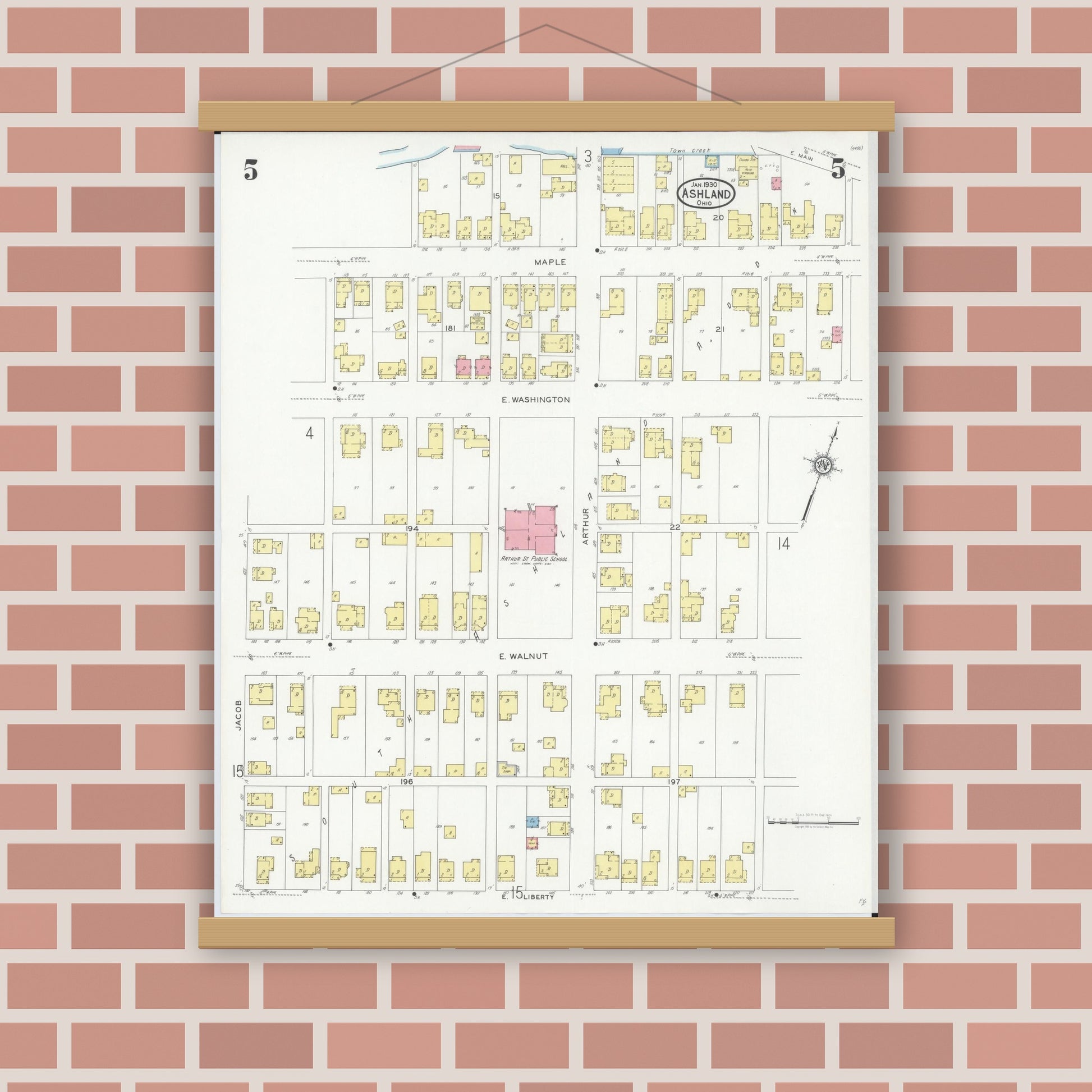 Old map wall art mockup — magnetic wood frame on brick wall — Sanborn Fire Insurance Map from Ashland, Ashland County, Ohio (1930), Sheet #0005