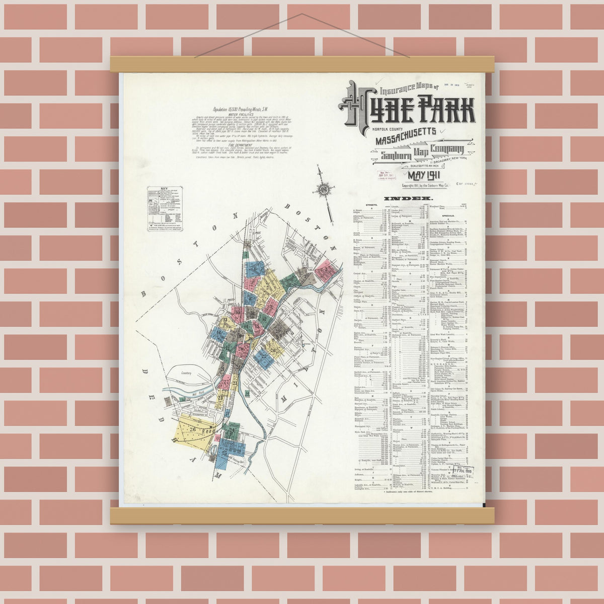 Old map wall art mockup — magnetic wood frame on brick wall — Sanborn Fire Insurance Map from Hyde Park, Norfolk County, Massachusetts (1911) - Complete Map Set