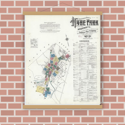 Old map wall art mockup — magnetic wood frame on brick wall — Sanborn Fire Insurance Map from Hyde Park, Norfolk County, Massachusetts (1911) - Complete Map Set