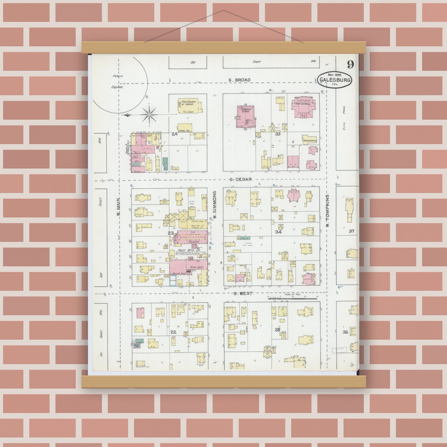 Old map wall art mockup — magnetic wood frame on brick wall — Sanborn Fire Insurance Map from Galesburg, Knox County, Illinois (1892), Sheet #0009