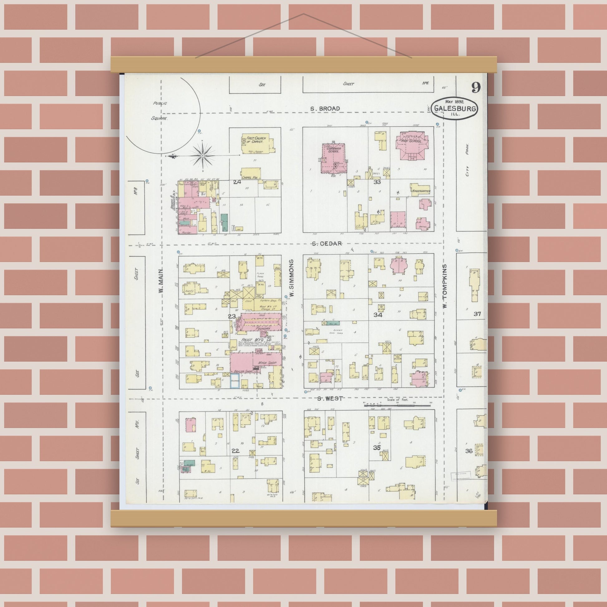 Old map wall art mockup — magnetic wood frame on brick wall — Sanborn Fire Insurance Map from Galesburg, Knox County, Illinois (1892), Sheet #0009