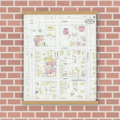 Old map wall art mockup — magnetic wood frame on brick wall — Sanborn Fire Insurance Map from Galesburg, Knox County, Illinois (1892), Sheet #0009