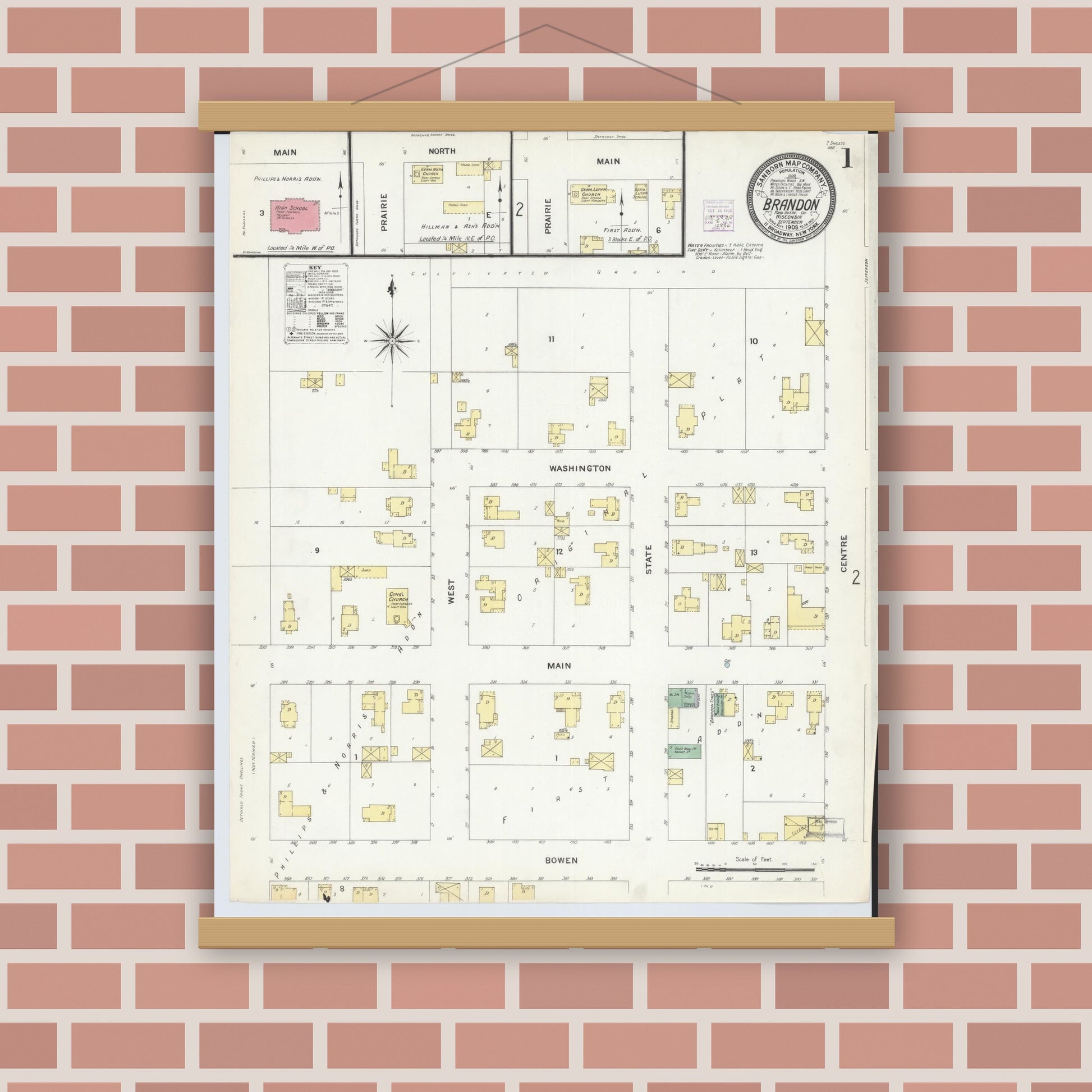 Old map wall art mockup — magnetic wood frame on brick wall — Sanborn Fire Insurance Map from Brandon, Fond du Lac County, Wisconsin (1908), Sheet #0001