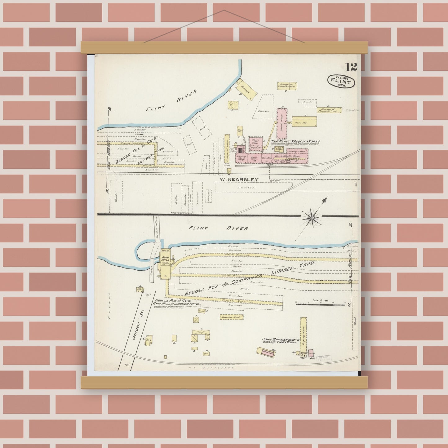 Old map wall art mockup — magnetic wood frame on brick wall — Sanborn Fire Insurance Map from Flint, Genesee County, Michigan (1886), Sheet #0012