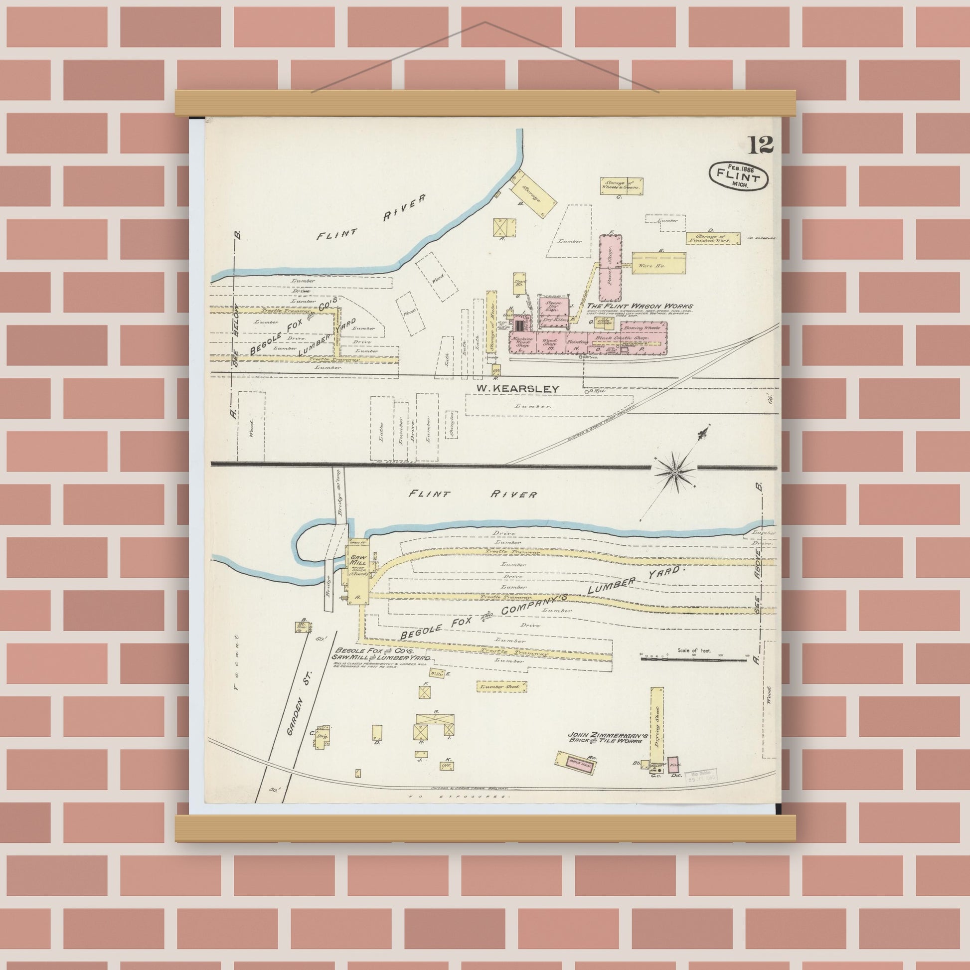 Old map wall art mockup — magnetic wood frame on brick wall — Sanborn Fire Insurance Map from Flint, Genesee County, Michigan (1886), Sheet #0012
