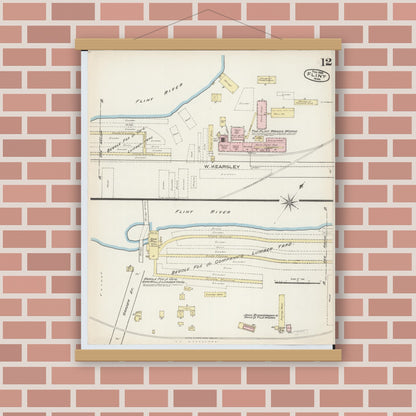 Old map wall art mockup — magnetic wood frame on brick wall — Sanborn Fire Insurance Map from Flint, Genesee County, Michigan (1886), Sheet #0012