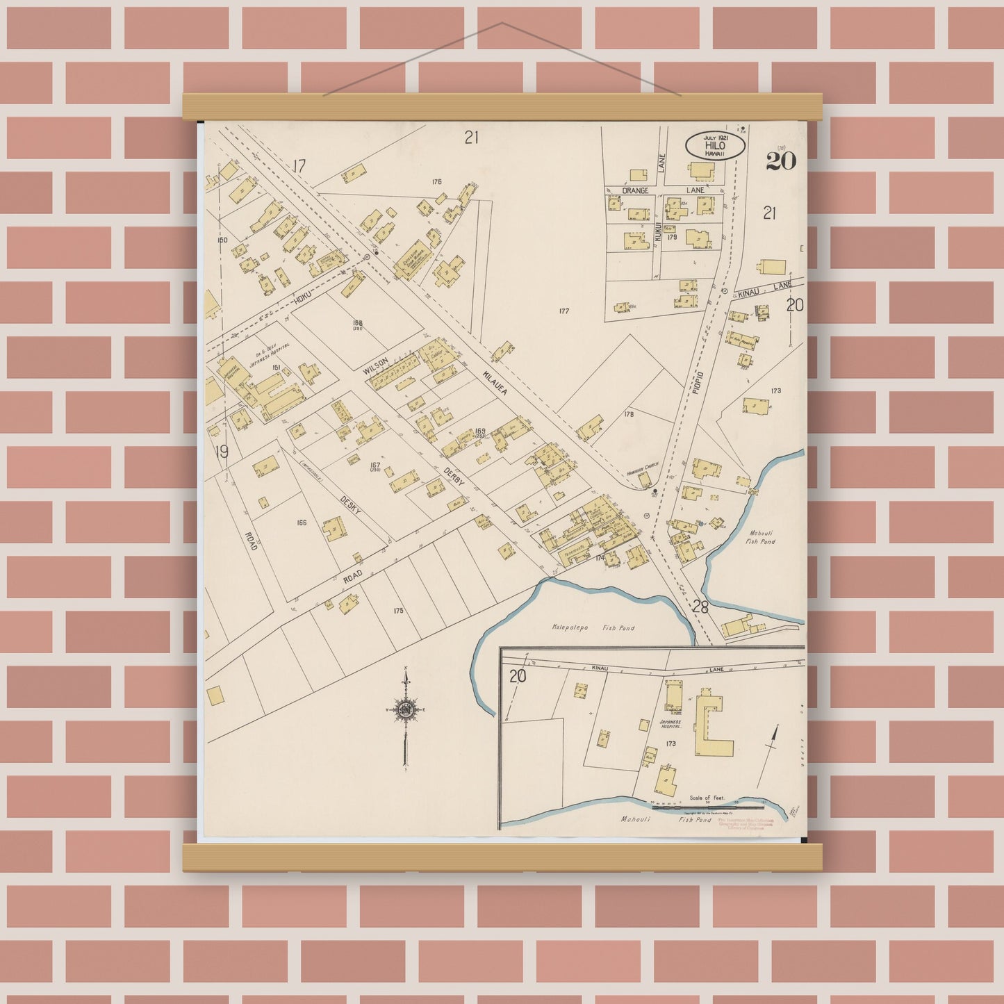 Old map wall art mockup — magnetic wood frame on brick wall — Sanborn Fire Insurance Map from Hilo, Hawaii County, Hawaii (1921), Sheet #0020