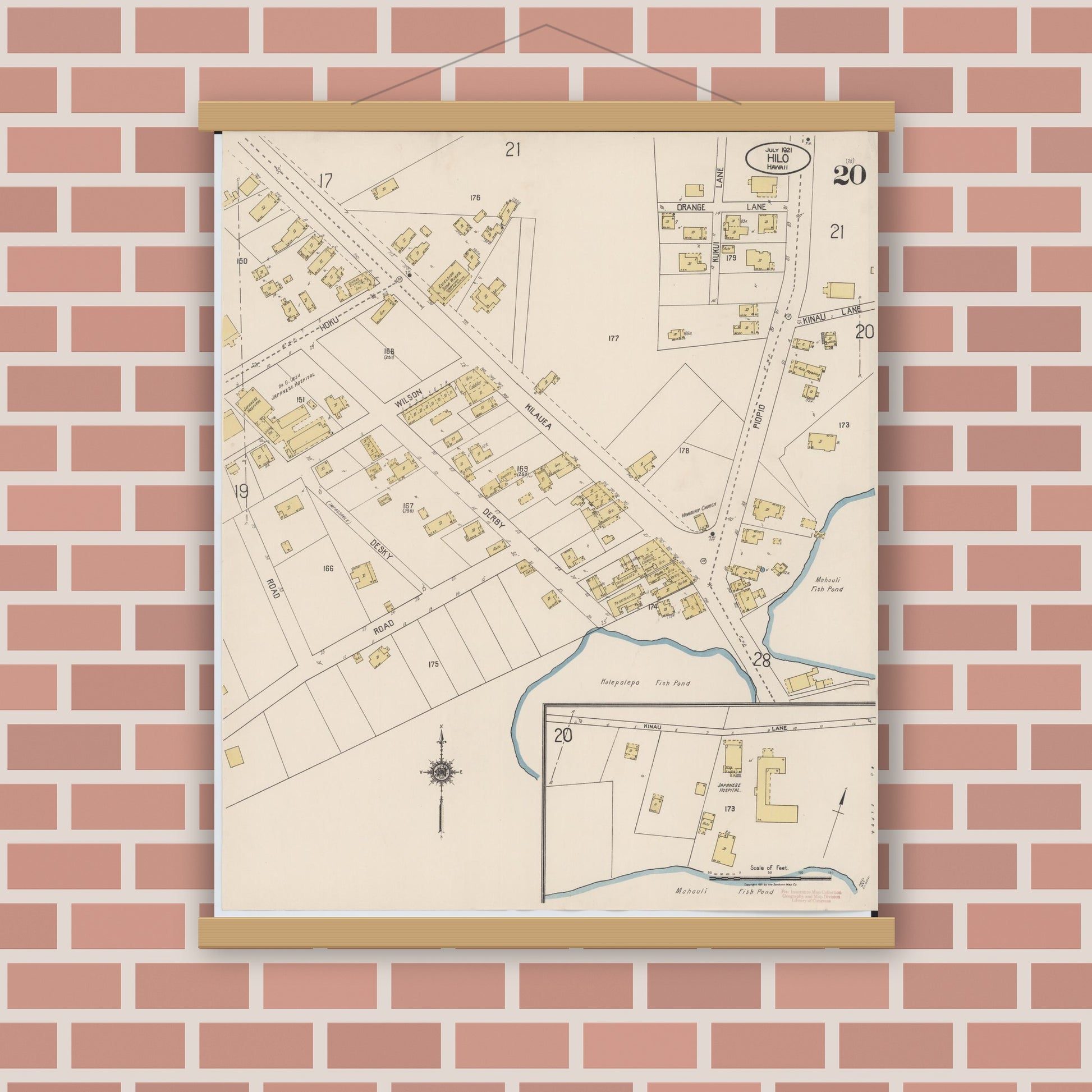 Old map wall art mockup — magnetic wood frame on brick wall — Sanborn Fire Insurance Map from Hilo, Hawaii County, Hawaii (1921), Sheet #0020