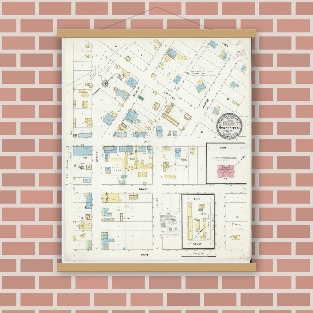 Old map wall art mockup — magnetic wood frame on brick wall — Sanborn Fire Insurance Map from Brackettville, Kinney County, Texas (1910), Sheet #0001