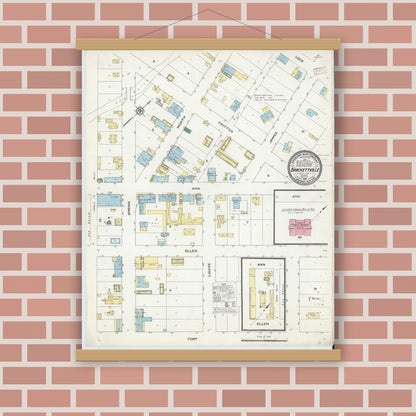Old map wall art mockup — magnetic wood frame on brick wall — Sanborn Fire Insurance Map from Brackettville, Kinney County, Texas (1910), Sheet #0001