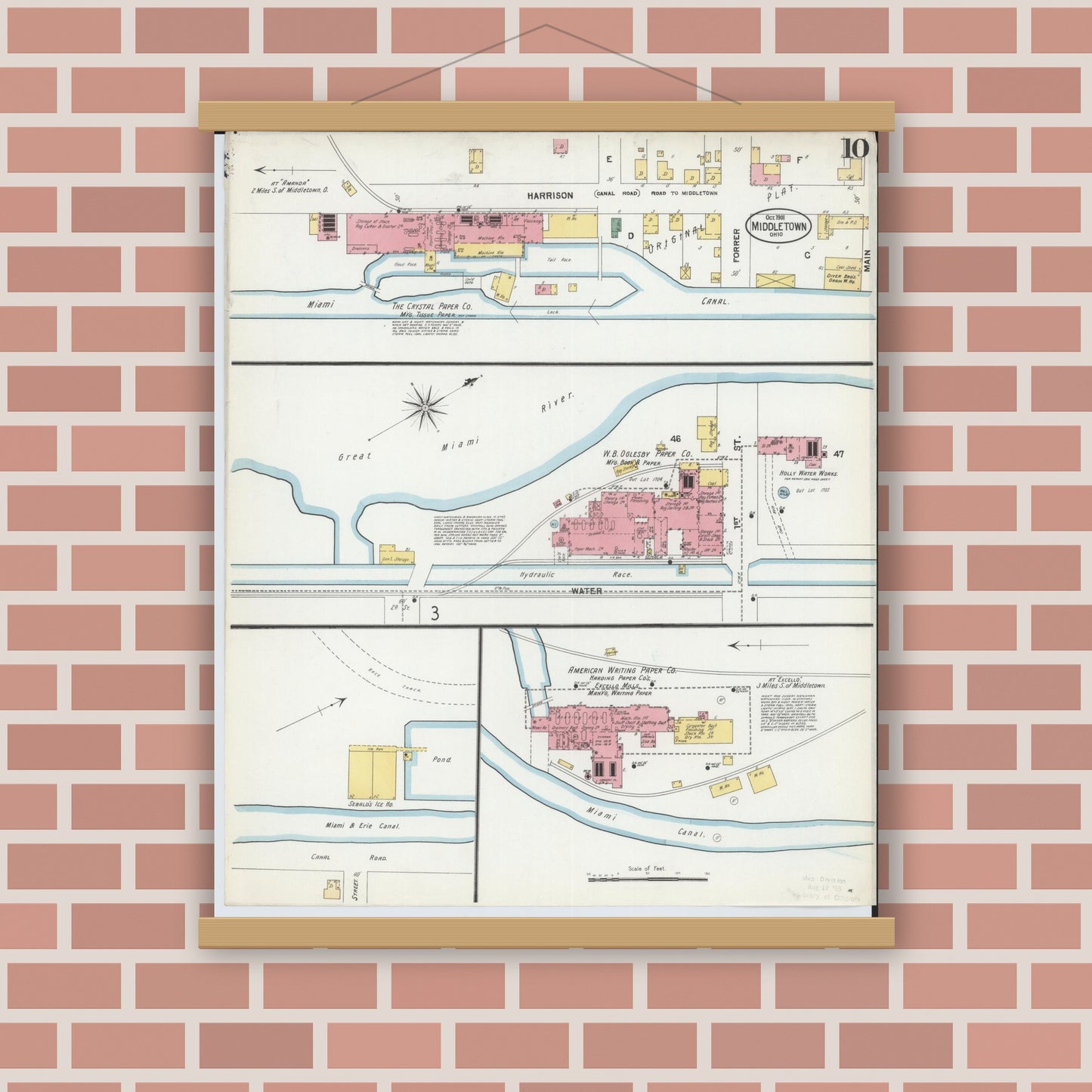 Old map wall art mockup — magnetic wood frame on brick wall — Sanborn Fire Insurance Map from Middletown, Butler County, Ohio (1901), Sheet #0010