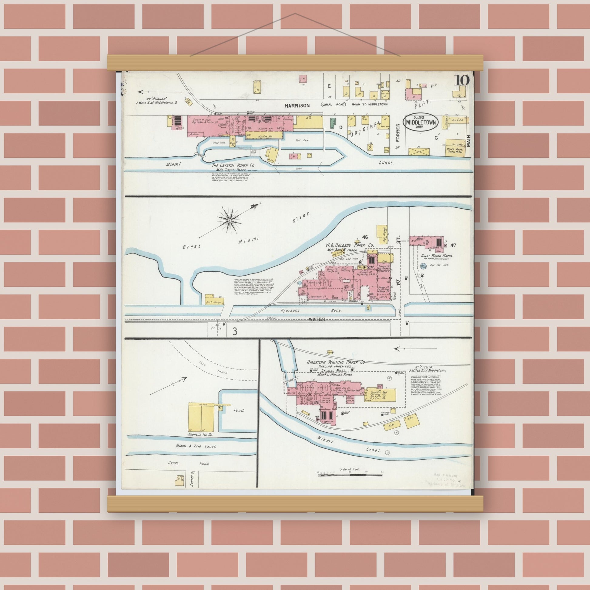 Old map wall art mockup — magnetic wood frame on brick wall — Sanborn Fire Insurance Map from Middletown, Butler County, Ohio (1901), Sheet #0010