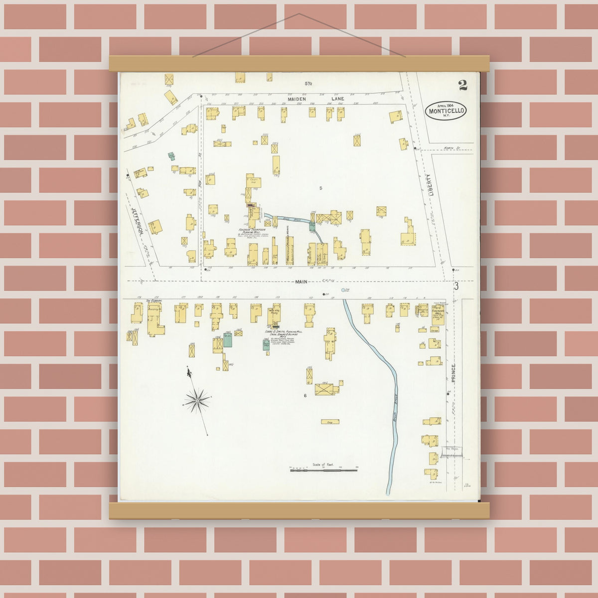 Old map wall art mockup — magnetic wood frame on brick wall — Sanborn Fire Insurance Map from Monticello, Sullivan County, New York (1904), Sheet #0002