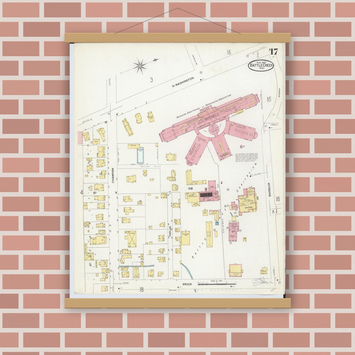 Old map wall art mockup — magnetic wood frame on brick wall — Sanborn Fire Insurance Map from Battle Creek, Calhoun County, Michigan (1907), Sheet #0017