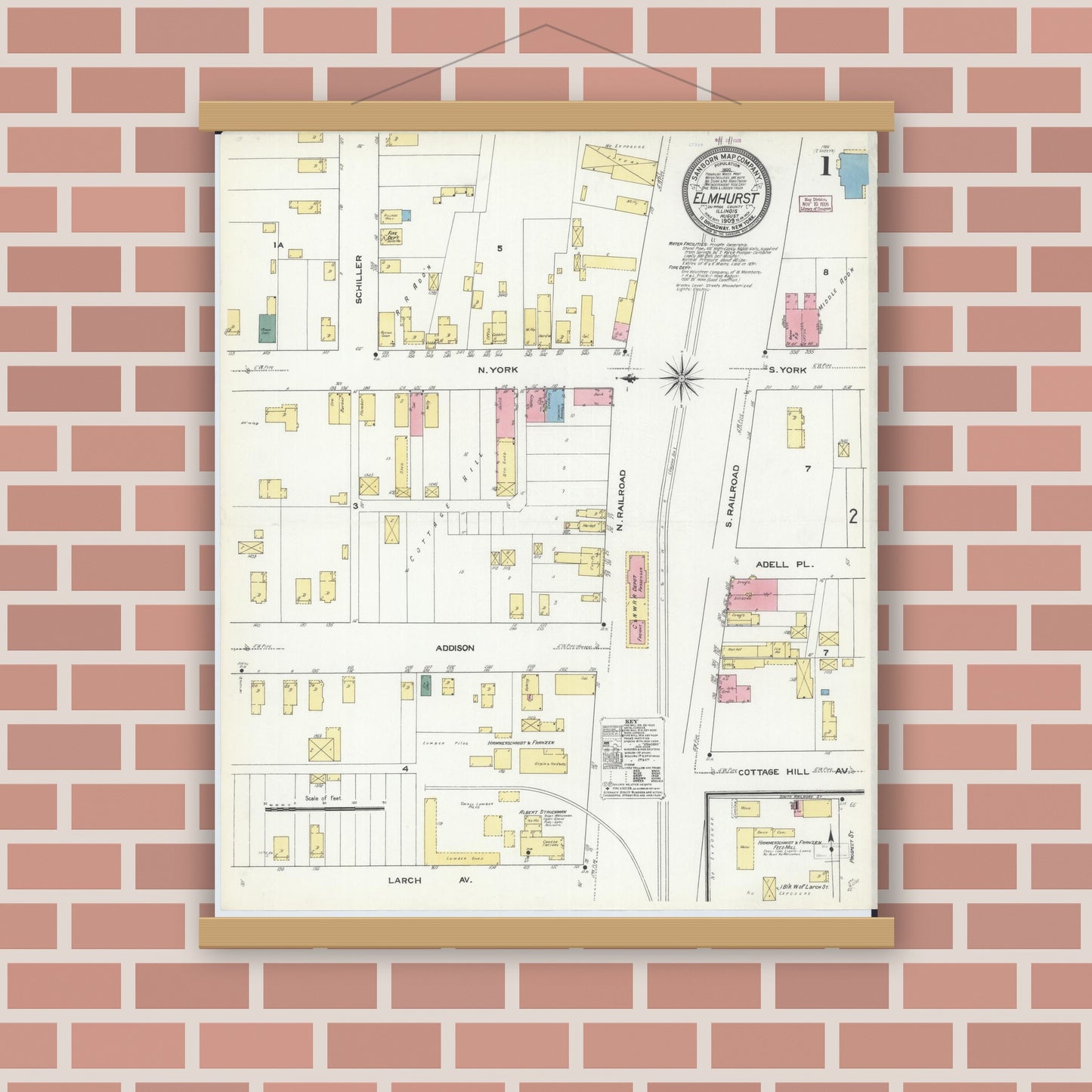 Old map wall art mockup — magnetic wood frame on brick wall — Sanborn Fire Insurance Map from Elmhurst, Du Page County, Illinois (1909) - Complete Map Set