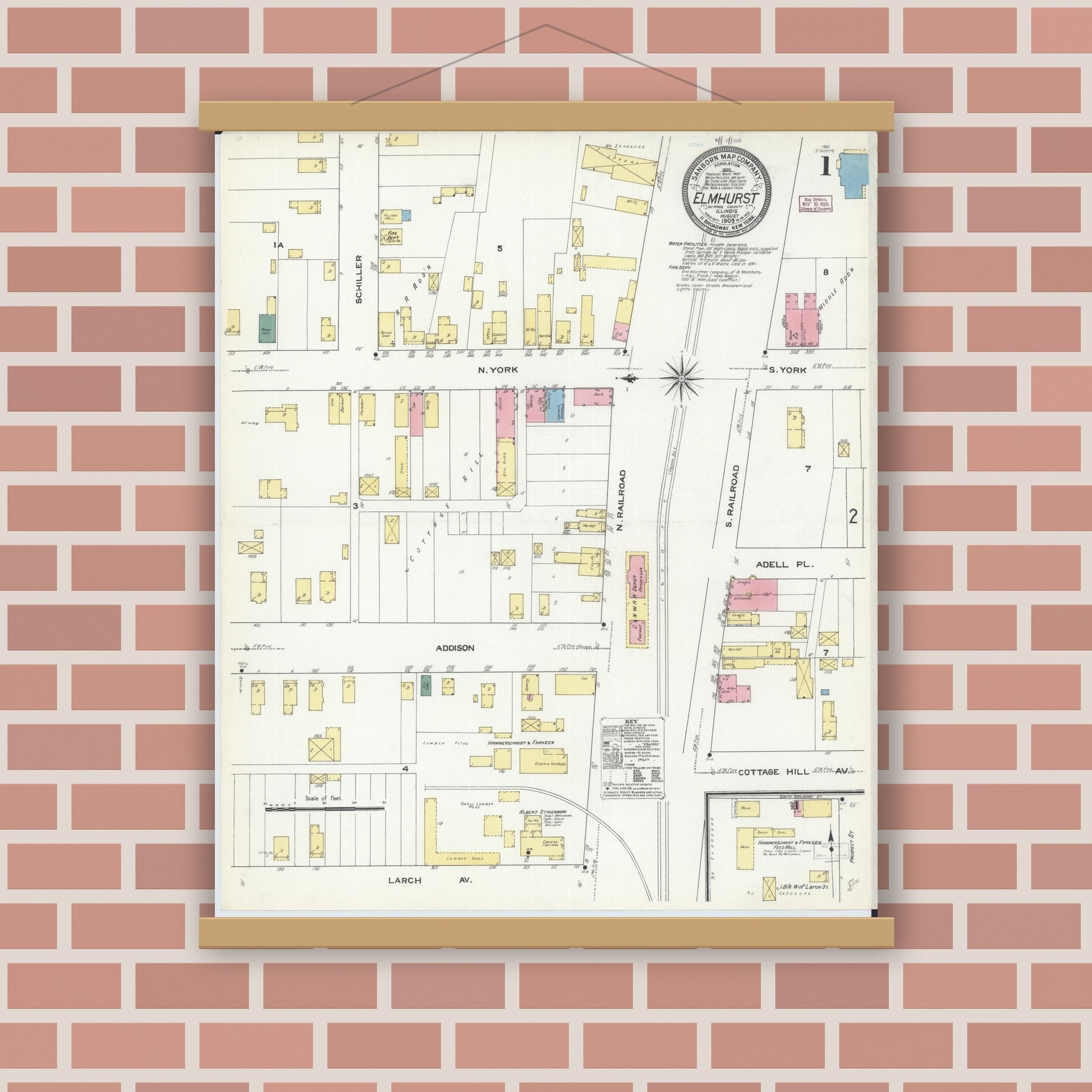 Old map wall art mockup — magnetic wood frame on brick wall — Sanborn Fire Insurance Map from Elmhurst, Du Page County, Illinois (1909) - Complete Map Set