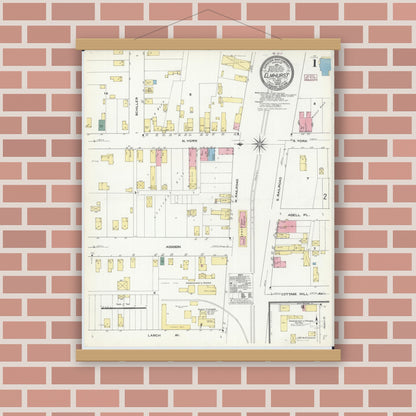 Old map wall art mockup — magnetic wood frame on brick wall — Sanborn Fire Insurance Map from Elmhurst, Du Page County, Illinois (1909) - Complete Map Set