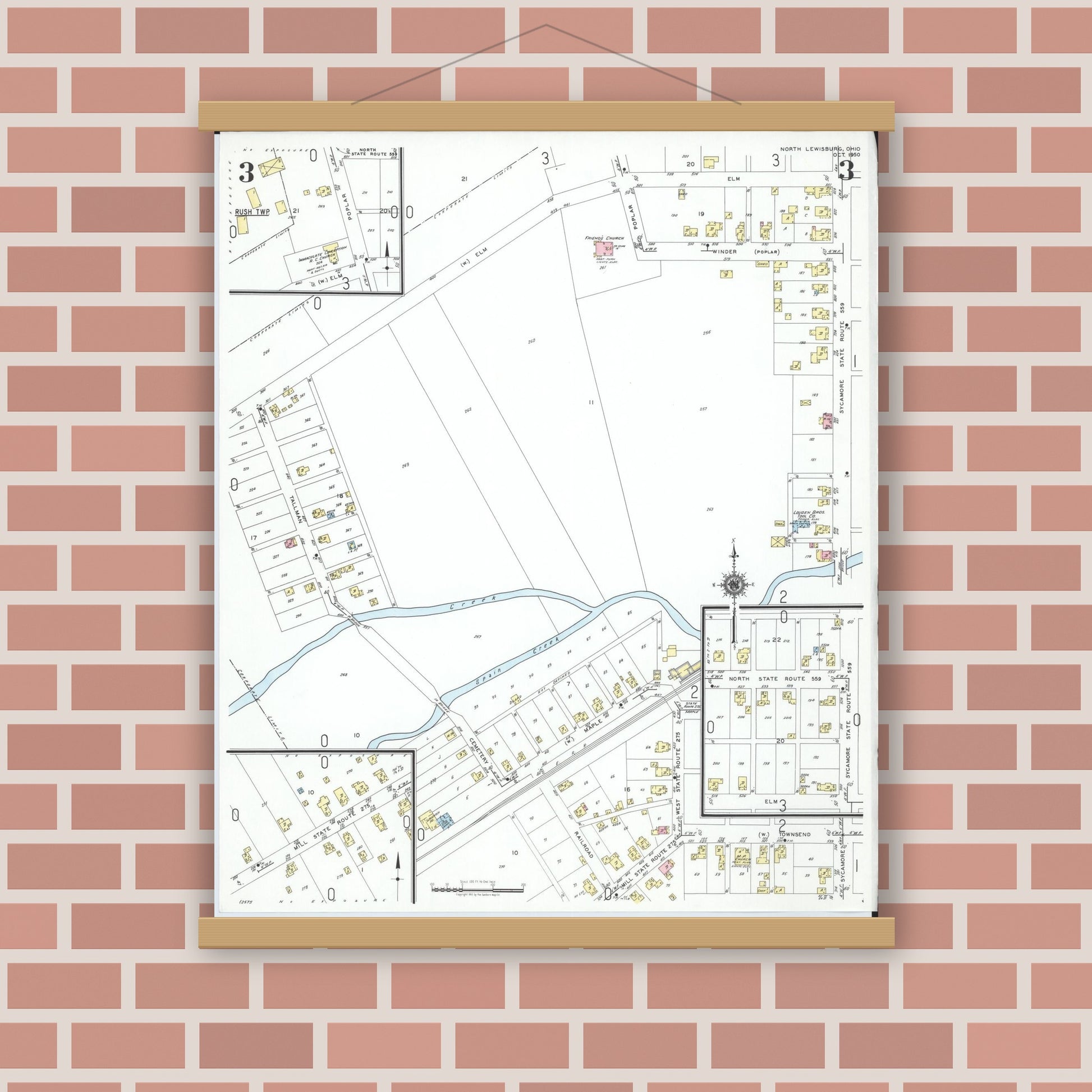 Old map wall art mockup — magnetic wood frame on brick wall — Sanborn Fire Insurance Map from North Lewisburg, Champaign County, Ohio (1950), Sheet #0003