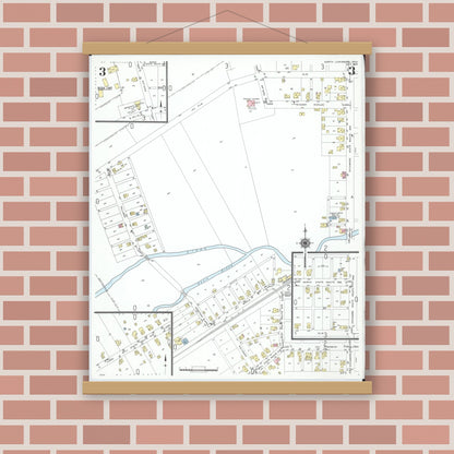 Old map wall art mockup — magnetic wood frame on brick wall — Sanborn Fire Insurance Map from North Lewisburg, Champaign County, Ohio (1950), Sheet #0003