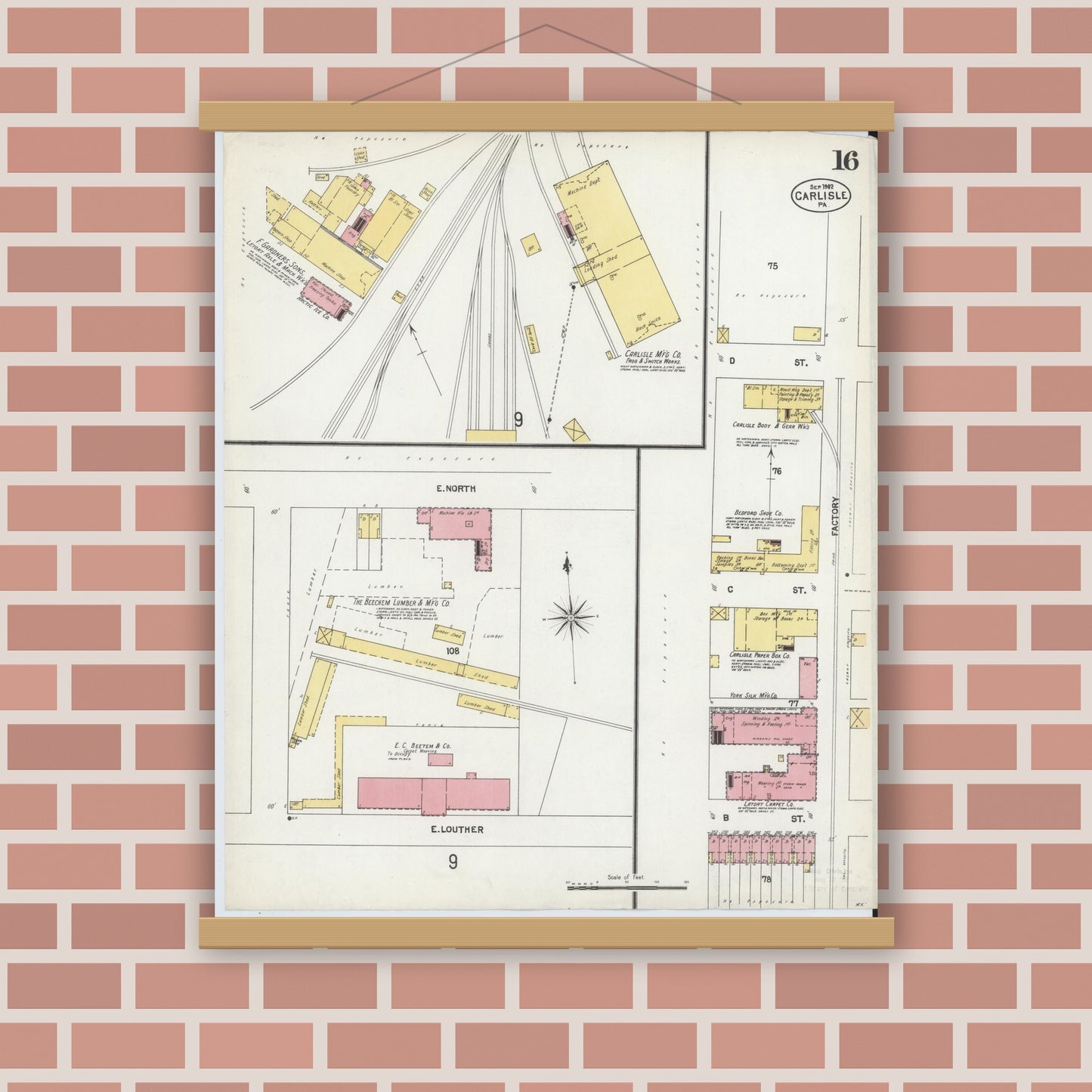 Old map wall art mockup — magnetic wood frame on brick wall — Sanborn Fire Insurance Map from Carlisle, Cumberland County, Pennsylvania (1902), Sheet #0016