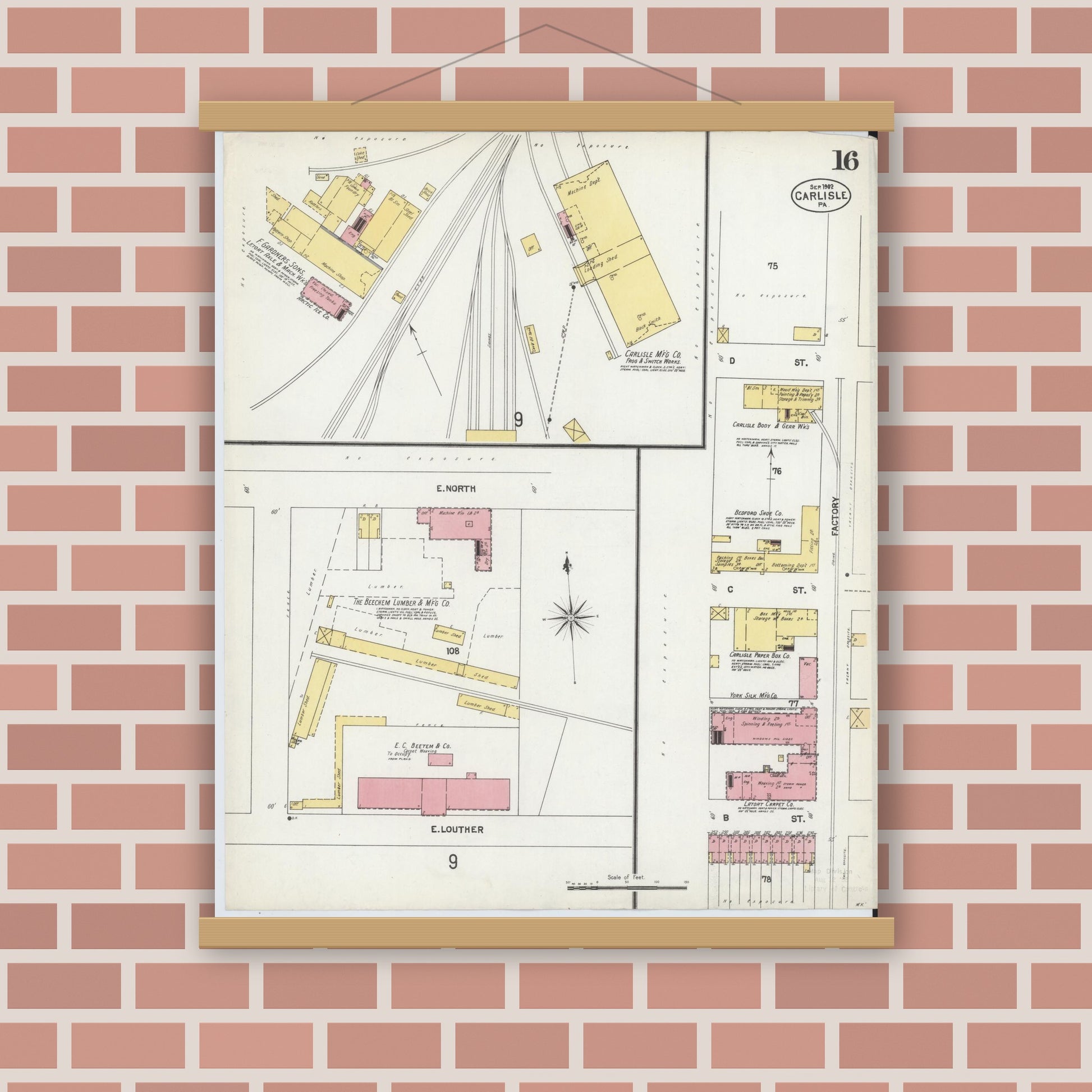 Old map wall art mockup — magnetic wood frame on brick wall — Sanborn Fire Insurance Map from Carlisle, Cumberland County, Pennsylvania (1902), Sheet #0016