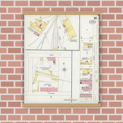 Old map wall art mockup — magnetic wood frame on brick wall — Sanborn Fire Insurance Map from Carlisle, Cumberland County, Pennsylvania (1902), Sheet #0016