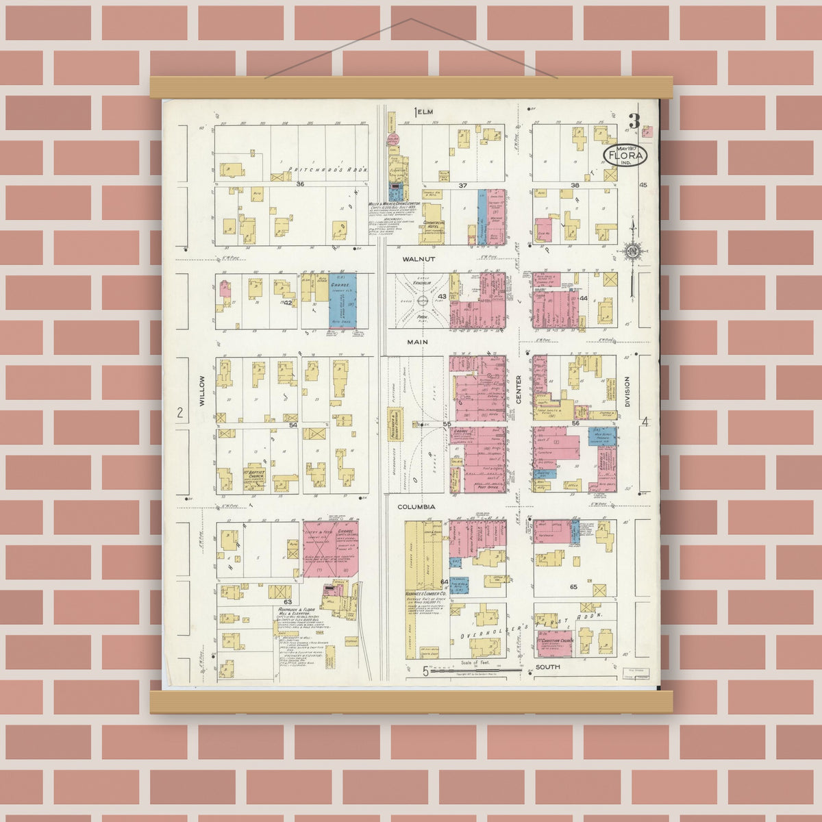 Old map wall art mockup — magnetic wood frame on brick wall — Sanborn Fire Insurance Map from Flora, Carroll County, Indiana (1917), Sheet #0003