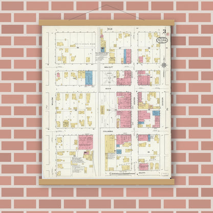 Old map wall art mockup — magnetic wood frame on brick wall — Sanborn Fire Insurance Map from Flora, Carroll County, Indiana (1917), Sheet #0003