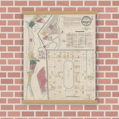 Old map wall art mockup — magnetic wood frame on brick wall — Sanborn Fire Insurance Map from Newport Beach, Orange County, California (1922), Sheet #0001